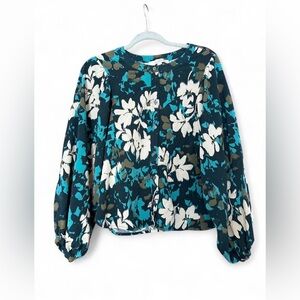 LOFT Teal Floral Blouse Women’s Medium Long Sleeve Cottagecore Boho Button Top